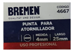 Imagen de 1 Punta Atornillador 1/4 4mm Largo 25 Mm Bremen 4667
