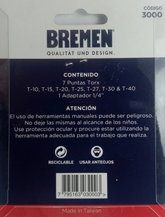 Juego Puntas Bremen Tamper Torx 8pz Enc 1/4 P/acero 3000 - Herramientas Dali