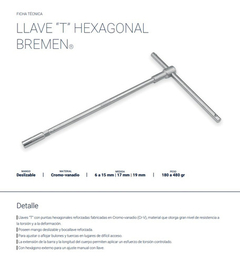 Llave T Larga Bremen 15mm Hexagonal 30cm Mango Deslizable en internet