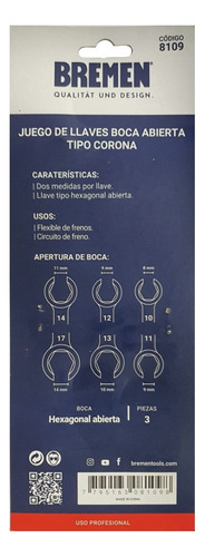 Juego 3 Llaves Bremen Freno Corona Boca Abierta 10mm A 17mm - comprar online
