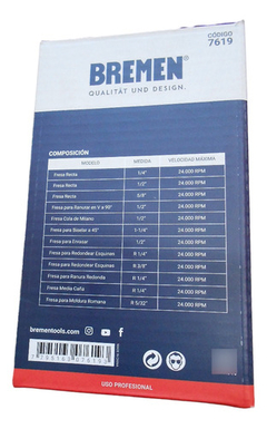 Juego Fresas Router Madera Bremen 12 Piezas Enc 1/4 7619