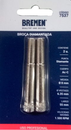 2 Brocas Diamantadas 8 Mm Porcelanato Vidrio Bremen 7537