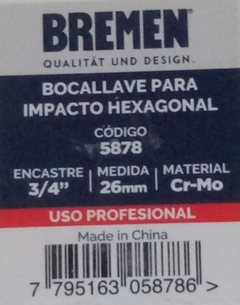 Llave Tubo Alto Impacto Hex 26mm Enc 3/4 PuLG Bremen 5878 - Herramientas Dali