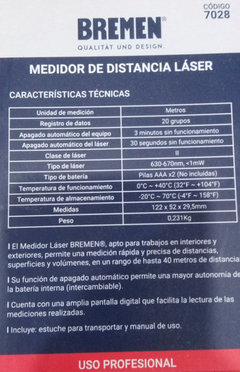 Telemetro Medidor De Distancia Laser Bremen 40 Mts 7028 - Herramientas Dali