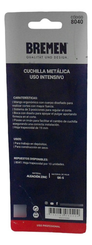 Imagen de Cuchilla Cuter Metalico Retractil Uso Intensivo Bremen 8040