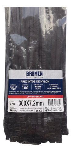 Precinto Prensacable Nylon 300mm X 7.2mm 100u Bremen 7378 - tienda online