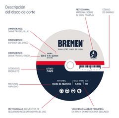 Disco De Corte Por Unidad De 9 X 1.9 X 22mm Bremen 7420 - Herramientas Dali