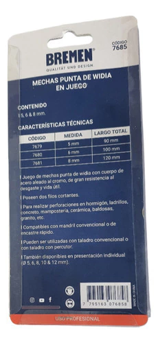 Set Juego 3 Mechas Broca Widia Hormigon 5 6 8mm Bremen 7685 - Herramientas Dali