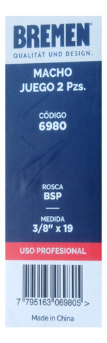 Set Juego Macho 2 Piezas Pulgadas Bsp 3/8 X 19 Bremen 6980