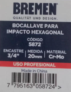 Imagen de Llave Tubo Alto Impacto Hex 20mm Enc 3/4 PuLG Bremen 5872