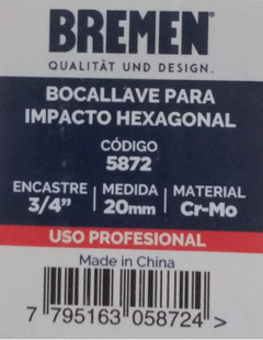 Llave Tubo Alto Impacto Hex 20mm Enc 3/4 PuLG Bremen 5872 - comprar online