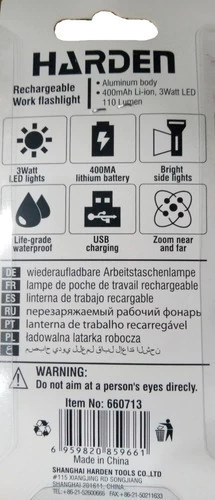 Linterna Aluminio Led Recargable Usb 110 Lum Harden 660713 - comprar online