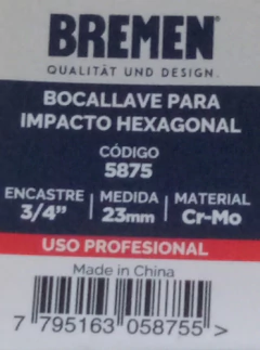 Llave Tubo Alto Impacto Hex 23mm Enc 3/4 PuLG Bremen 5875 - Herramientas Dali