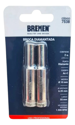 2 Brocas Diamantadas 10 Mm Porcelanato Vidrio Bremen 7538 - tienda online
