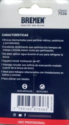 2 Brocas Diamantadas 6 Mm Porcelanato Vidrio Bremen 7536