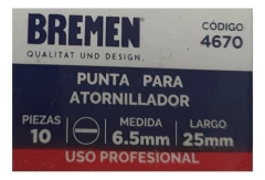 Imagen de 1 Punta Atornillador Plana Bremen 6.5mm 25mm Enc 1/4 4670