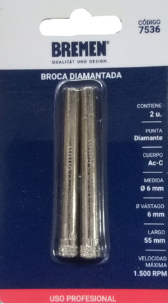 Imagen de 2 Brocas Diamantadas 6 Mm Porcelanato Vidrio Bremen 7536