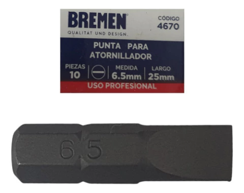 1 Punta Atornillador Plana Bremen 6.5mm 25mm Enc 1/4 4670