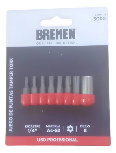 Juego Puntas Bremen Tamper Torx 8pz Enc 1/4 P/acero 3000
