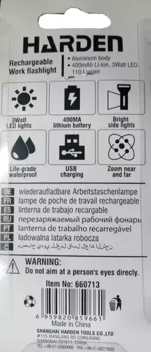 Imagen de Linterna Aluminio Led Recargable Usb 110 Lum Harden 660713