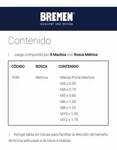 Set Juego Machos Con Manija Porta Macho Bremen 8 Pz M3 - M12 - Herramientas Dali