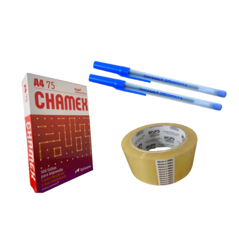 Resma com 500 folhas 2 canetas Paper Mate 1 fita adesiva 100m