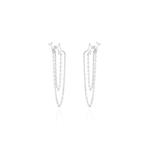 Brinco em prata 925 com zircônias baguete e correntes pendentes Lucia Bastos.