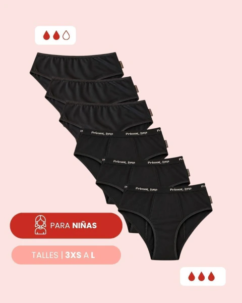 Pack X 6 Bombacha Menstrual NIñA COMBINADA NEGRA