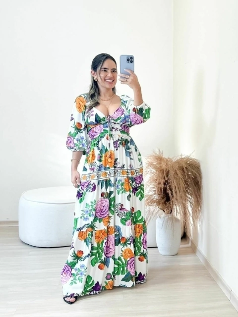 Vestido Cropped Estampado Manga Doce Jardim