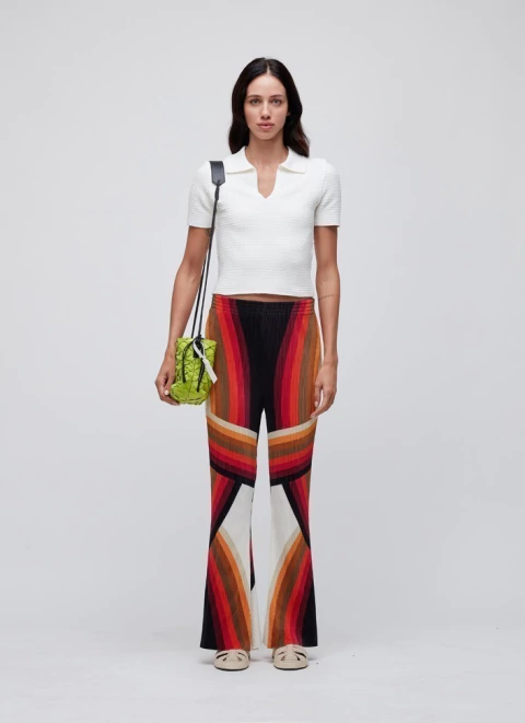 CALCA RETA PLISSE ONDA PRETO/AMARELO G