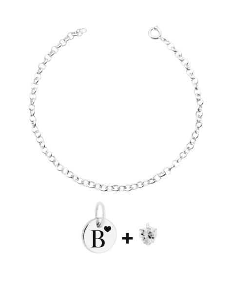 Pulseira Personalizada Plaquinha + Pingente Coração - (Elo Portugues) Banhado a Prata