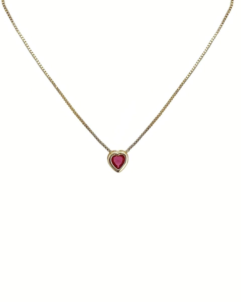 Colar Coração Rosa Fucsia - Banhado a Ouro