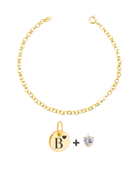 Pulseira Personalizada Plaquinha + Pingente Coração - (Elo Portugues) Banhado a Ouro