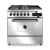 Cocina industrial Saho Kuma 820 MultiGrill, vista frontal, acabado en acero inoxidable con 4 hornallas, rejas de fundición vitrificada, quemador carlitero con pinza, plancha bifera enlozada y horno con puerta ciega y termómetro incorporado.