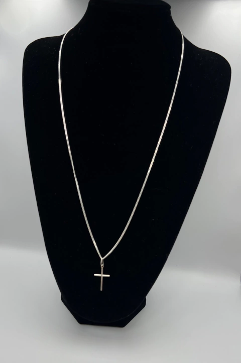 Kit Corrente 1mm Grumet 70cm+ Pingente de Cruz em Prata Legítima 925