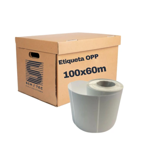 Rollo de etiquetas autoadhesivas OPP brillantes de 100x60 mm junto a caja de cartón marrón con texto indicando el tamaño de las etiquetas