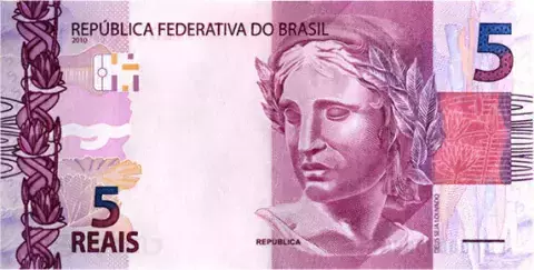 Cédula Do Brasil 5 Reais Série JA (2ª chancela - Flor De Estampa) Paulo Roberto Nunes Guedes / Roberto Campos Neto - comprar online