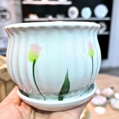 Vasos Cachepôs Cerâmica Floral Branco com Prato Colado Furo - comprar online