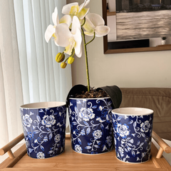 Cachepot Floridos Azul Marinho Vaso Cachepôs Porcelana - comprar online