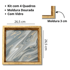 Quadros Abstratos Moderno Azul Moldura Dourada Cinza Sala com Vidro - loja online