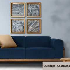 Quadros Abstratos Moderno Azul Moldura Dourada Cinza Sala com Vidro - Bruna Store & Decor 