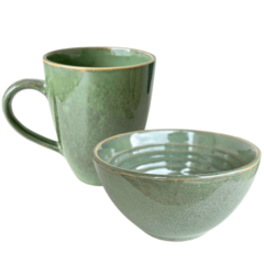 Imagem do Caneca e Bowl Cerâmica Bege Verde Capuccino Conjunto Presente Natal