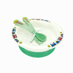 DISPITA PLATO HONDO DECORADO CON SUCCION Y CUBIERTOS
