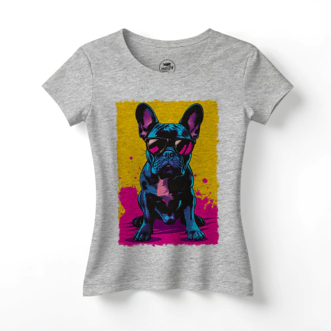 Camiseta Feminino Cão De Óculos Colorida Cachorro Bulldog Md3