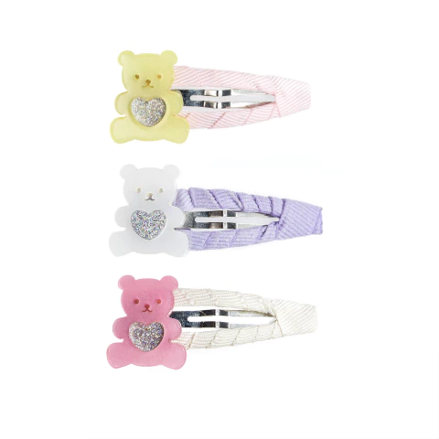 Clip Ursinho Valentines Tons Acetinado Pastel Amarelo Branco e Rosa