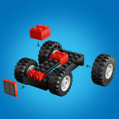 Trator agrícola vermelho com reboque e ovelhas (Lego City)