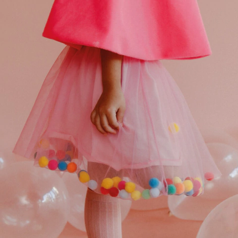 Saia Tule Pompom Rosa