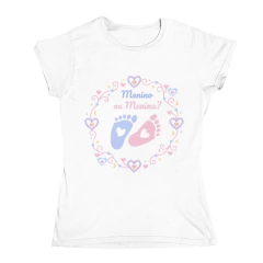 Camiseta Feminina Chá Revelação Menino ou Menina – Estampa Pés | Dona Kraft - comprar online