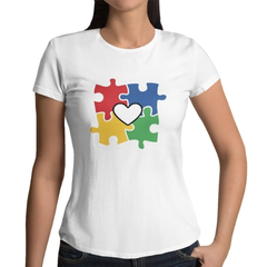 Camiseta Feminina Espectro Autista Peças Coração Autismo TEA