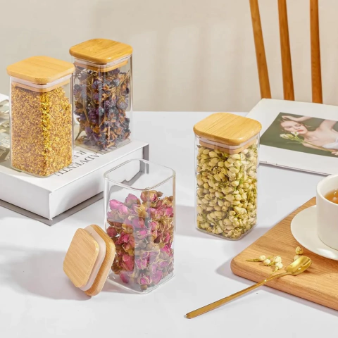 Especiero de vidrio con tapa hermética bambú - comprar online